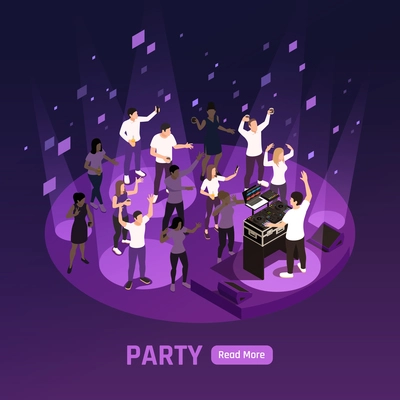 Dj disco stage laser projector strobe lights effects dark violet night party background isometric composition vector illustration