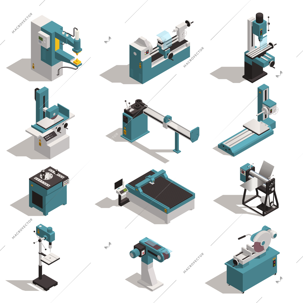 Metalworking equipment isometric set with metal turning lathe cutting drilling bending rod rolling machines isolated vector illustration