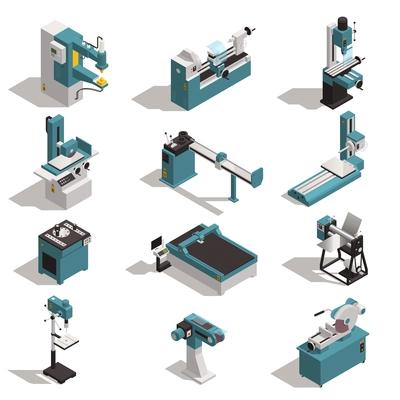 Metalworking equipment isometric set with metal turning lathe cutting drilling bending rod rolling machines isolated vector illustration