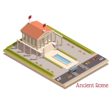 Ancient rome tourists attractions landmark in modern surroundings isometric composition with  pantheon columns pillars ruins vector illustration