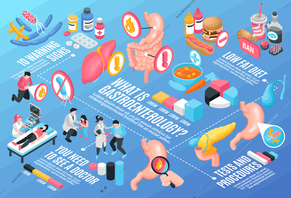 Isometric gastroenterology horizontal composition with you need to see a doctor low fat diet test and procedures descriptions vector illustration