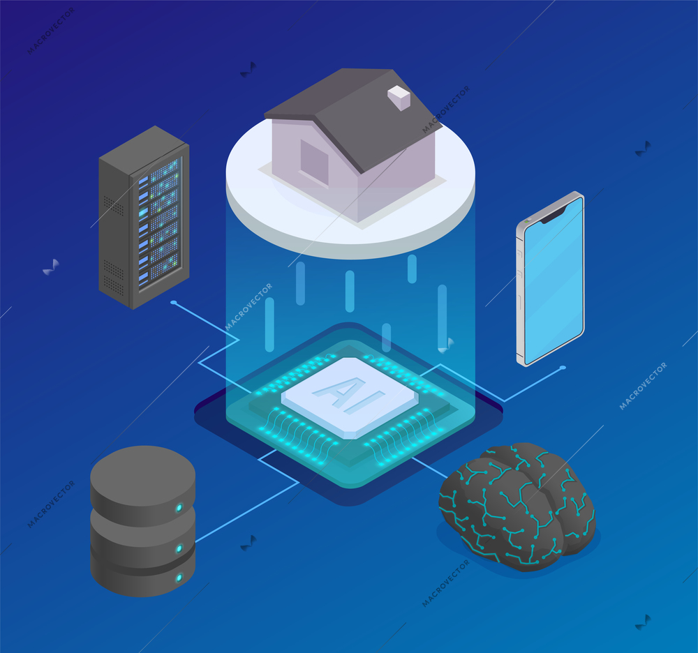 Artificial intelligence isometric composition with flowchart of silicon chip and server equipment with smartphone and house vector illustration