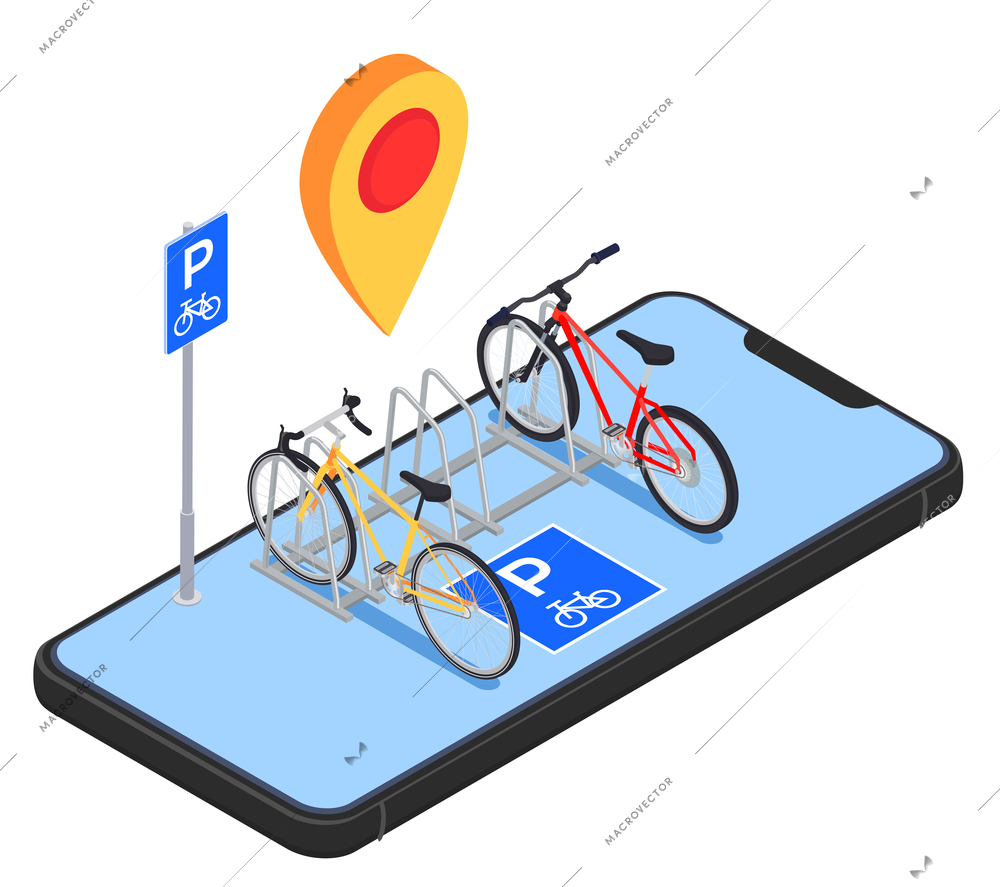 Bicycle isometric composition with location and parking signs with two parked bicycles on top of smartphone vector illustration