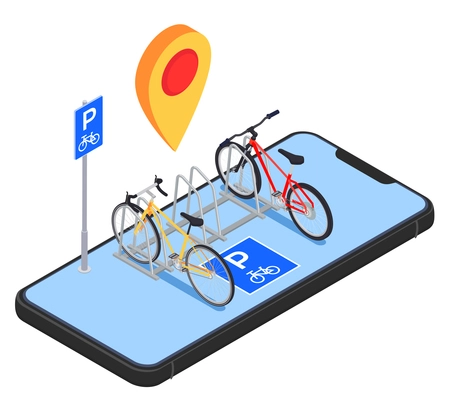 Bicycle isometric composition with location and parking signs with two parked bicycles on top of smartphone vector illustration