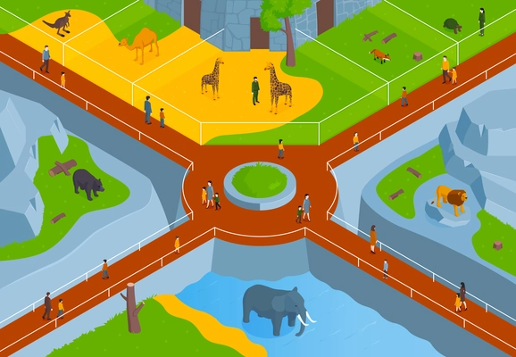Isometric zoo horizontal composition with birds eye view of zoological park with lanes animals and visitors vector illustration