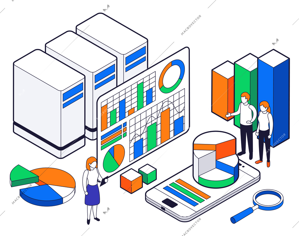 Big data science analysis isometric icon set with charts diagrams and other analytical information vector illustration