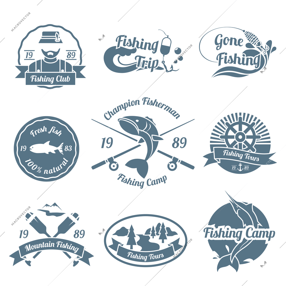 Fishing trip camps clubs outdoor championship black label set isolated vector illustration