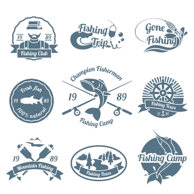Fishing trip camps clubs outdoor championship black label set isolated vector illustration