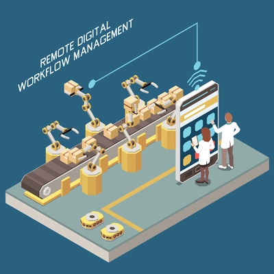 Digitization in manufacturing isometric 3d concept with factory employees controlling robotic arms and conveyor vector illustration