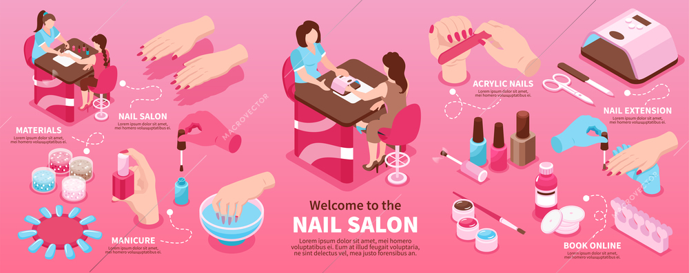 Manicure salon isometric infographics layout promoting new materials nail extension book online vector illustration