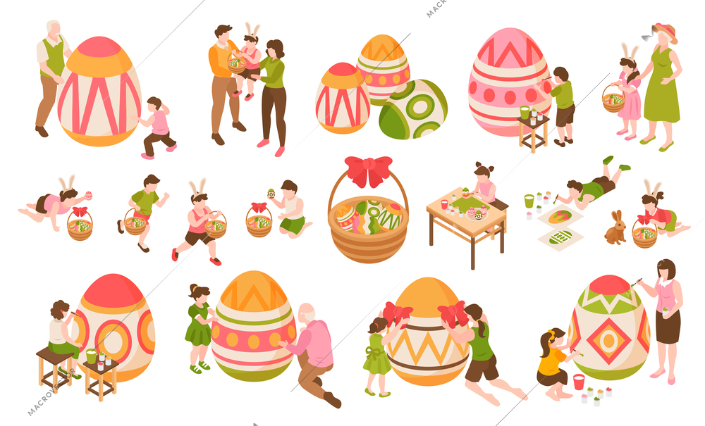Easter isometric color icons set of children painting big eggs together with their parents and grandparents isolated vector illustration