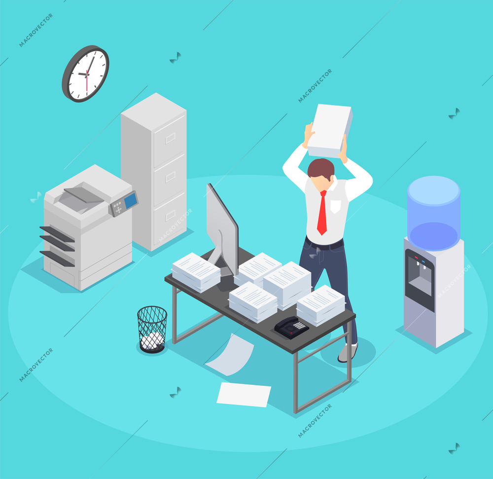 Professional burnout depression frustration isometric composition with pieces of office furniture and character of mad worker vector illustration