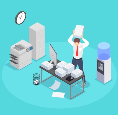 Professional burnout depression frustration isometric composition with pieces of office furniture and character of mad worker vector illustration