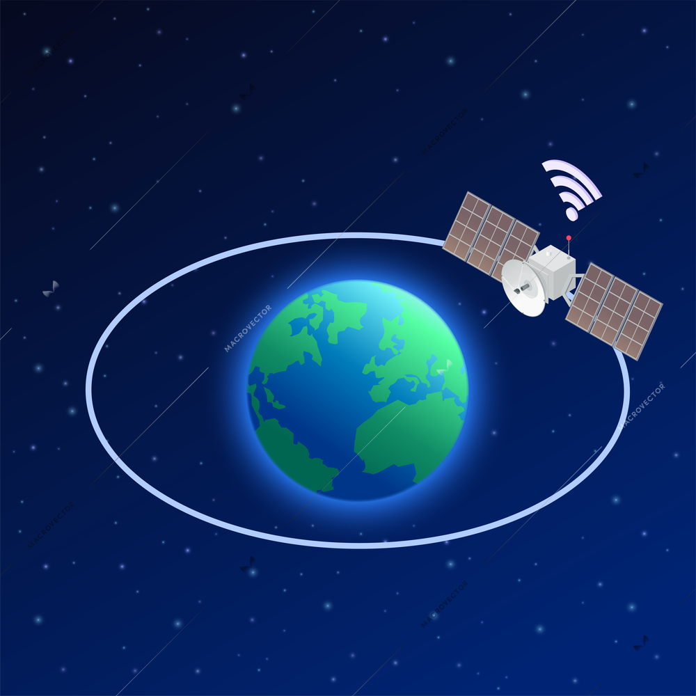 5g high speed internet isometric composition with view of earth globe orbit and artificial satellite image vector illustration