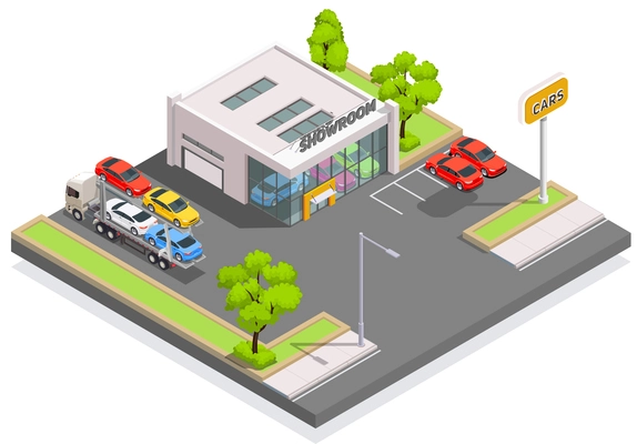 Car ownership usage isometric composition with view of automobile showroom building with parking lot and cars vector illustration