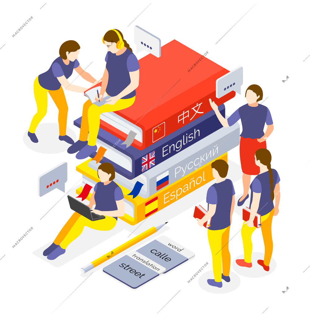 Language courses isometric composition with learning spanish english russian chinese online with electronic textbooks support vector illustration