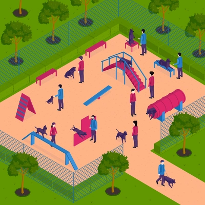 Isometric dog training cynologist composition with view of outdoor playground with special equipment for dogs practice vector illustration