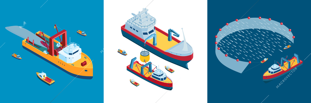 Isometric commercial fishing design concept with square compositions of big and small boats with fish net vector illustration