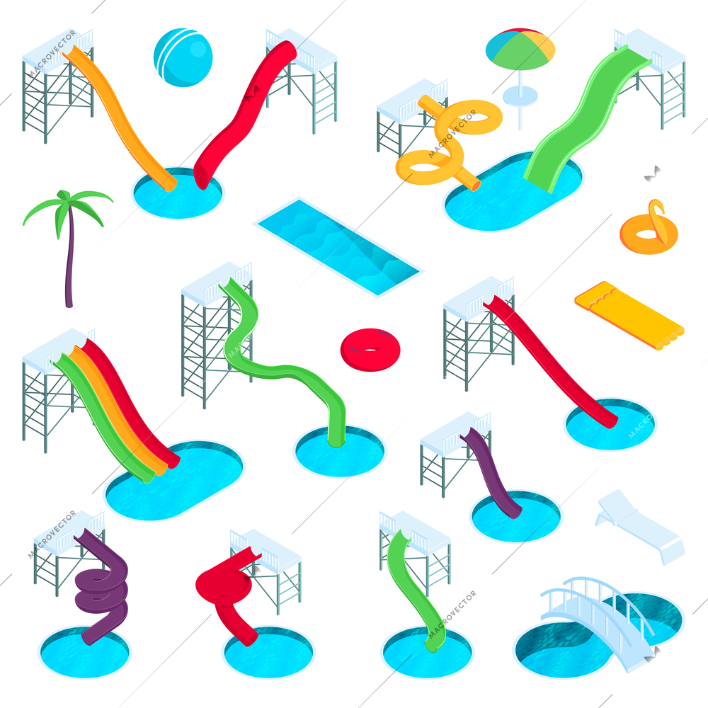 Aqua park isometric color icons set of water slides and tubes lifebelts umbrella and beach palms isolated vector illustration