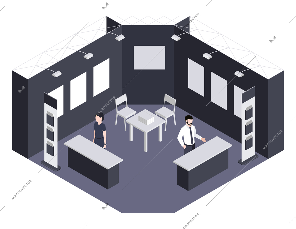 Expo center isometric background illustrated exhibition section with consultants waiting for visitors vector illustration