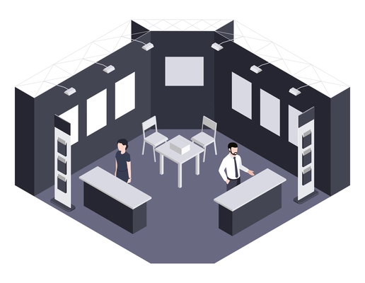 Expo center isometric background illustrated exhibition section with consultants waiting for visitors vector illustration