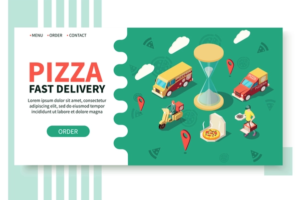 Pizza production pizzeria isometric website with clickable links text and button with images of fast delivery vector illustration