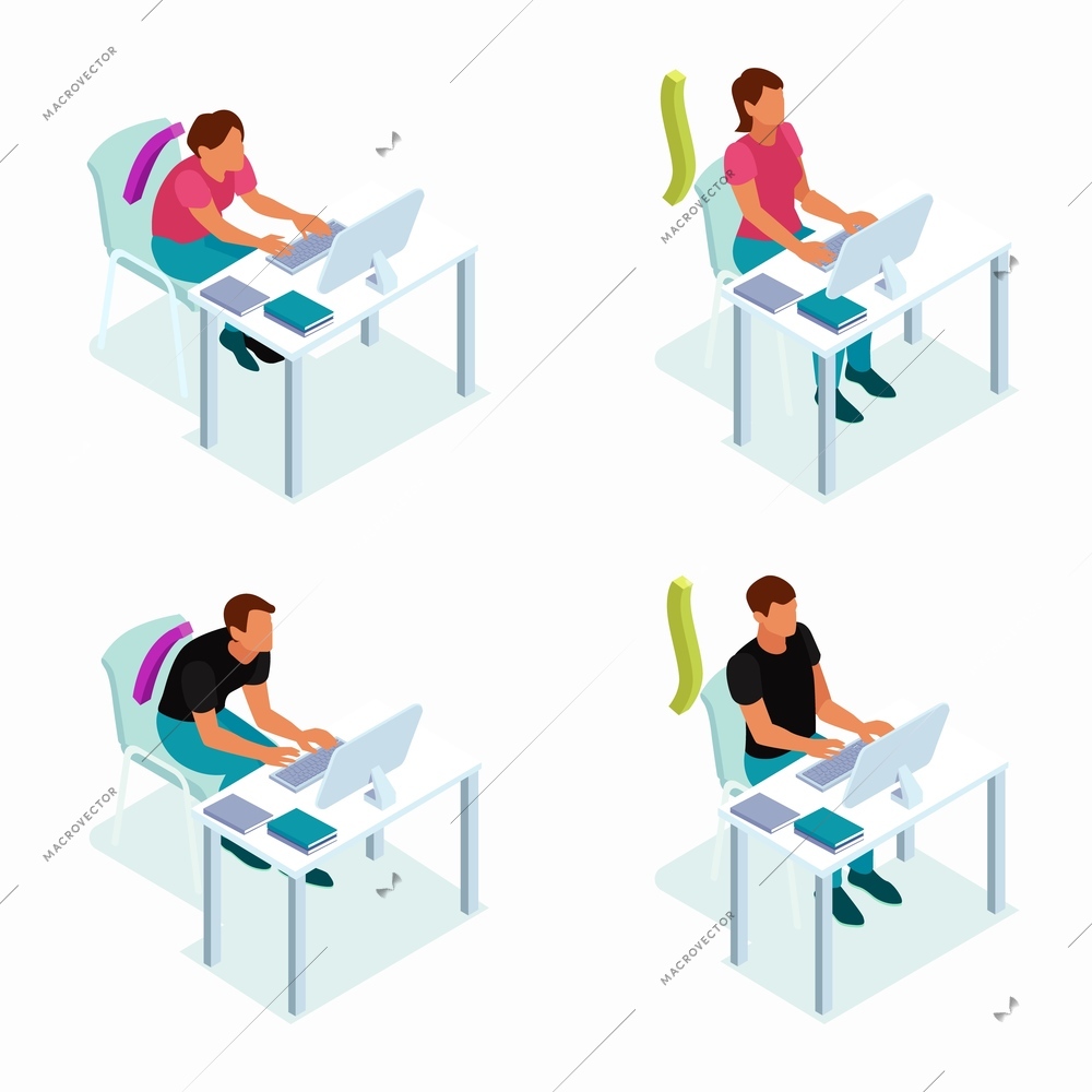 Correct sitting position concept 4 isometric compositions with good and wrong posture at your computer vector illustration