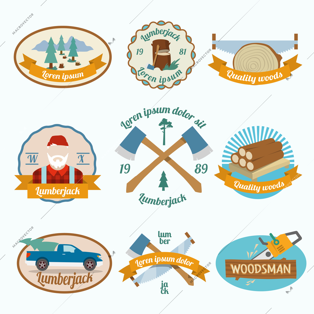 Lumberjack woodcutter colored labels set with wood log saw tree  isolated vector illustration