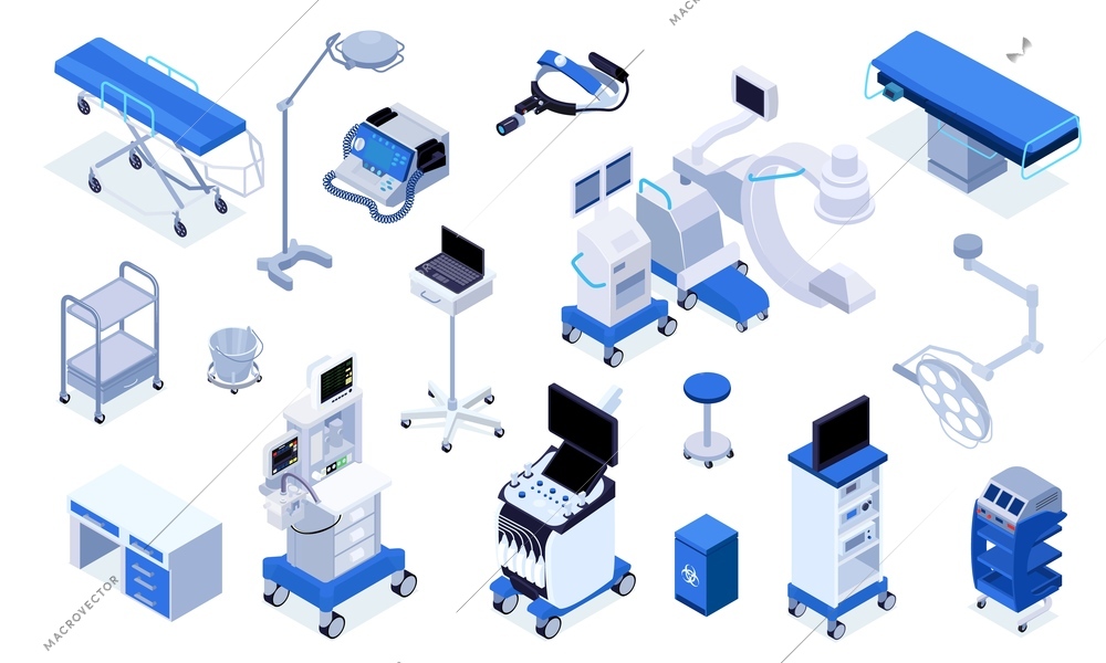 Medical operating room equipment furniture devices isometric set with patient monitoring system surgical table lights vector illustration