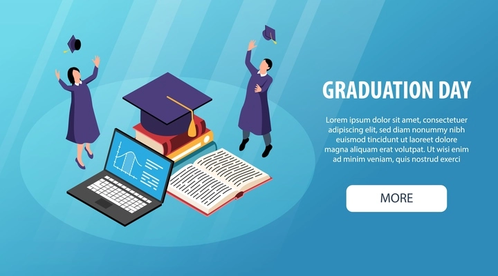 Isometric graduation horizontal banner with more button editable text and academic students with laptop open books vector illustration