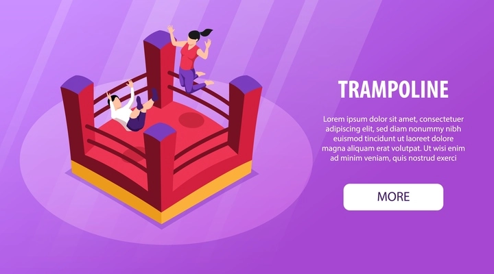 Isometric trampoline horizontal banner with images of jumping kids bouncy house editable text and more button vector illustration