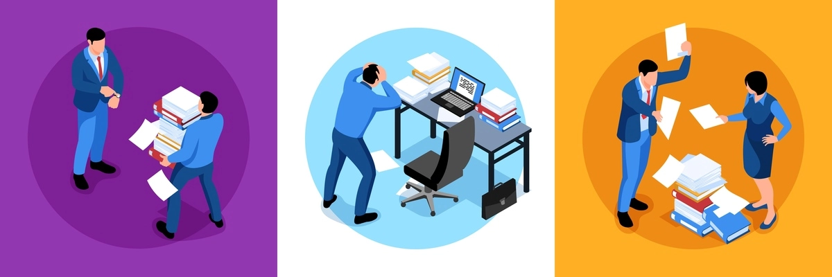 Isometric unorganized office work design concept with round compositions of distracted office workers with paper sheets vector illustration