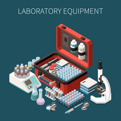 Laboratory diagnostics analysis service isometric composition with editable text and medicine box with test tubes microscope vector illustration