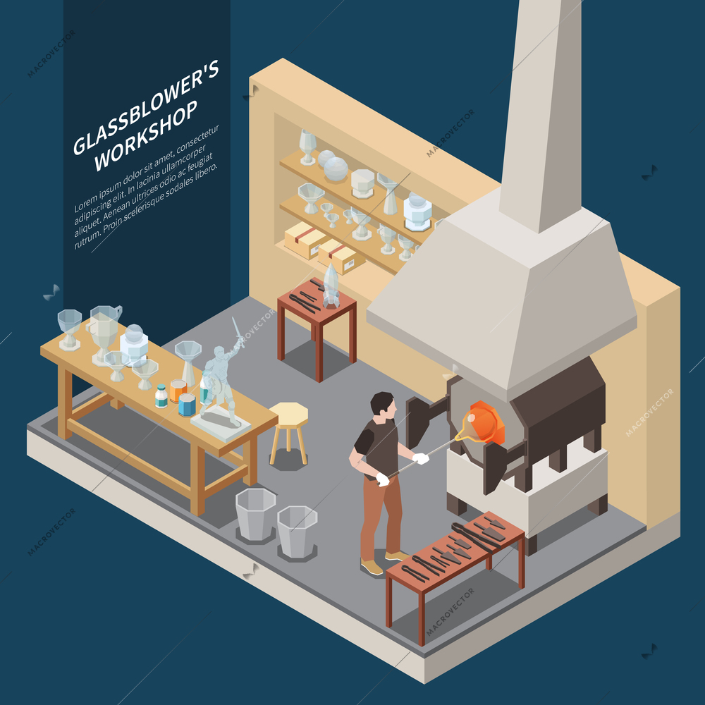 Glass production isometric background composition with human character of glassblower and view of his workshop facilities vector illustration