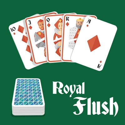 Casino poker gambling diamond royal flush hand and card pile composition vector illustration