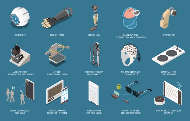 Set of isolated technology for disabled people icons with isolated images of bionic limbs and microchips vector illustration