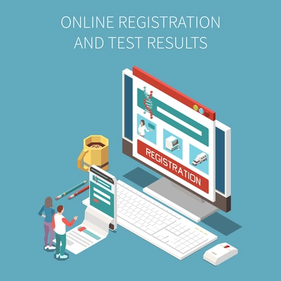 Laboratory diagnostics analysis service isometric composition with desktop computer and registration form with people and text vector illustration