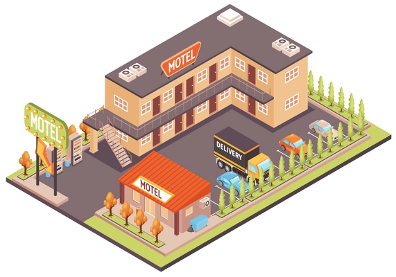 Motel color concept with parking for cars and facilities isometric vector illustration