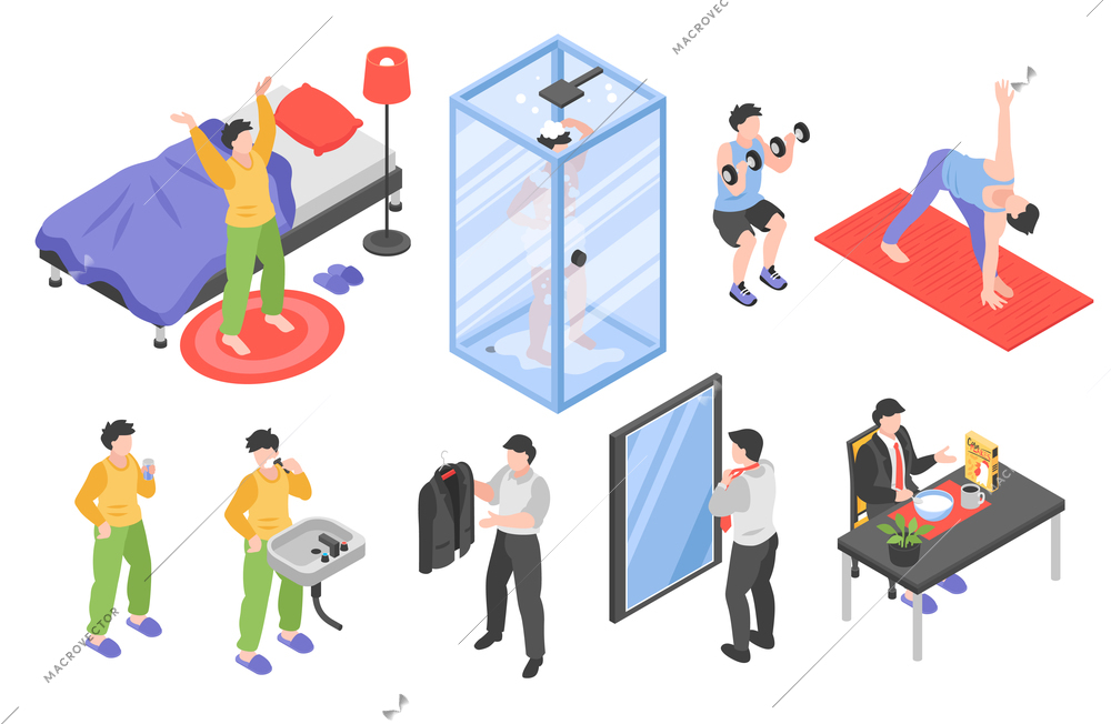 Morning routine men isometric set with hygiene and sports symbols isolated vector illustration