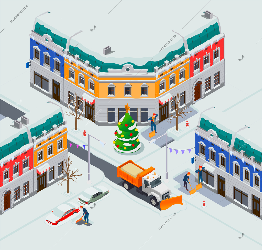 Snow cleaning removal machinery isometric composition with view of town crossroad with houses cars and truck vector illustration