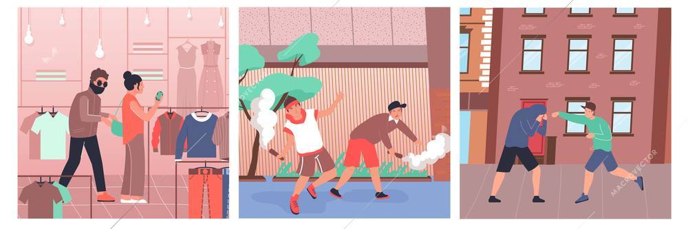 Hooliganism flat compositions set with pocket thief and fighting hooligans isolated vector illustration