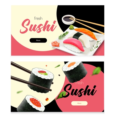 Realistic fresh sushi horizontal banners set isolated vector illustration