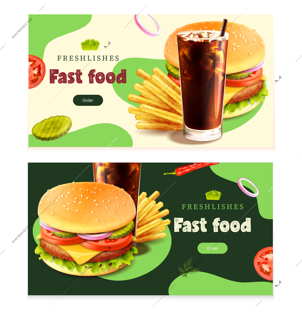 Fast food realistic horizontal banners set isolated vector illustration