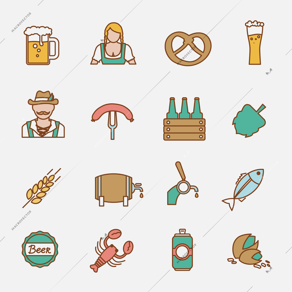 Beer Oktoberfest icons flat line set with wheat ear lobster fish isolated vector illustration