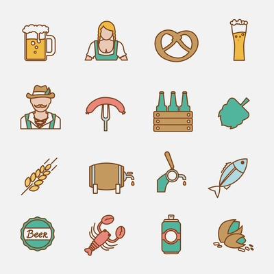 Beer Oktoberfest icons flat line set with wheat ear lobster fish isolated vector illustration