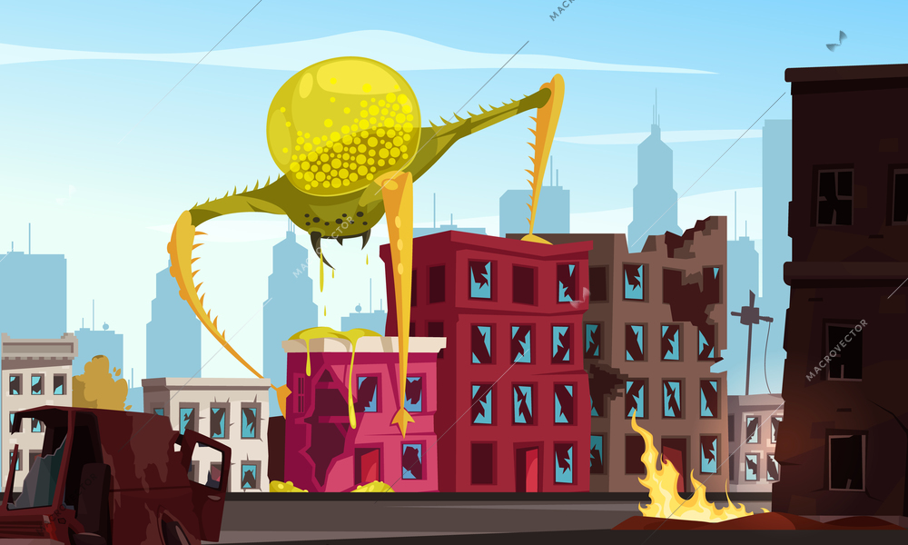 Big alien monster attacking city with tumble down houses cartoon vector illustration
