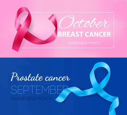 Prostate blue breast pink ribbons cancer awareness september october months 2 horizontal realistic background banners vector illustration