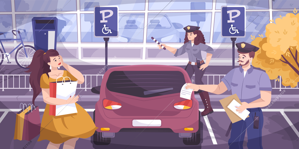 Traffic police background with parking fine symbols flat  vector illustration