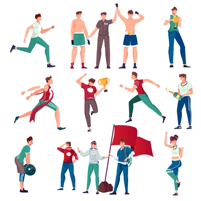 Winner set of isolated icons and flat characters of athletes celebrating victory with trophy cups flags vector illustration