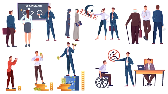 Social religion and income inequality icons set with human characters isolated vector illustration